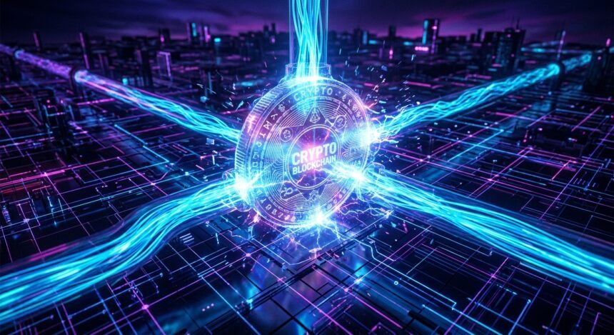 Glowing digital coin labeled Crypto Blockchain connected to a network of energy beams in a futuristic city