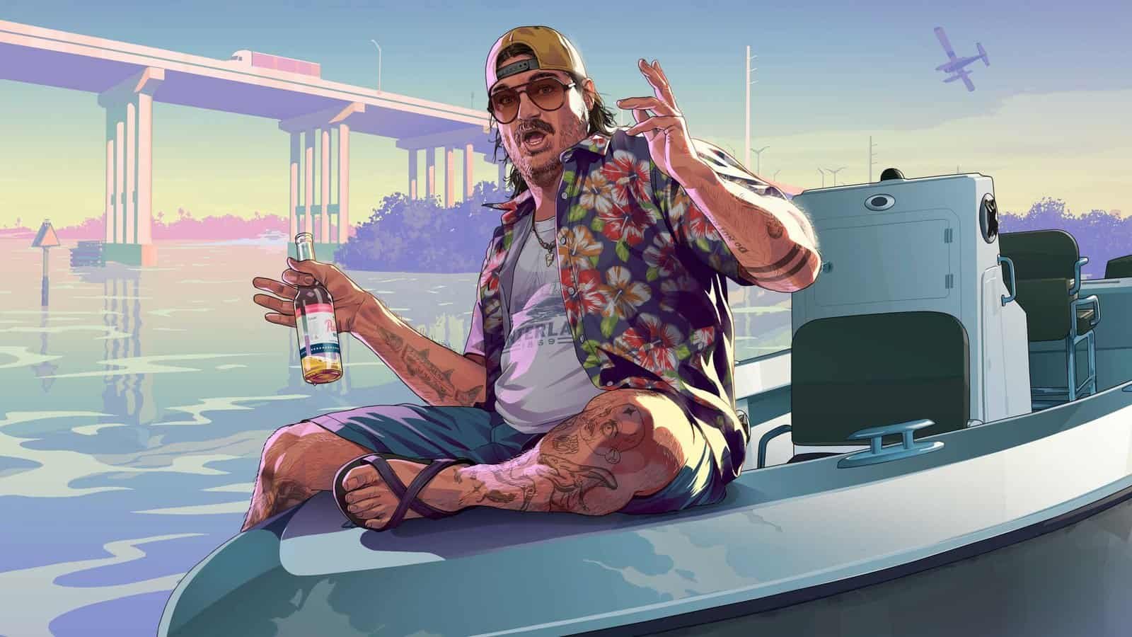 Artwork of a Florida guy in shorts with a beer sitting on a boat