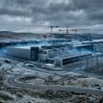 Large industrial complex under construction with cranes and a power substation in a rural, hilly landscape