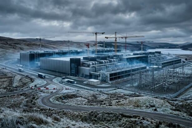 Large industrial complex under construction with cranes and a power substation in a rural, hilly landscape