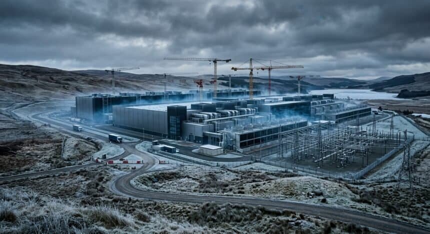 Large industrial complex under construction with cranes and a power substation in a rural, hilly landscape