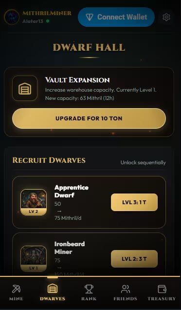 Mithril Miner gameplay screenshot 2 – Mining crypto game on TON