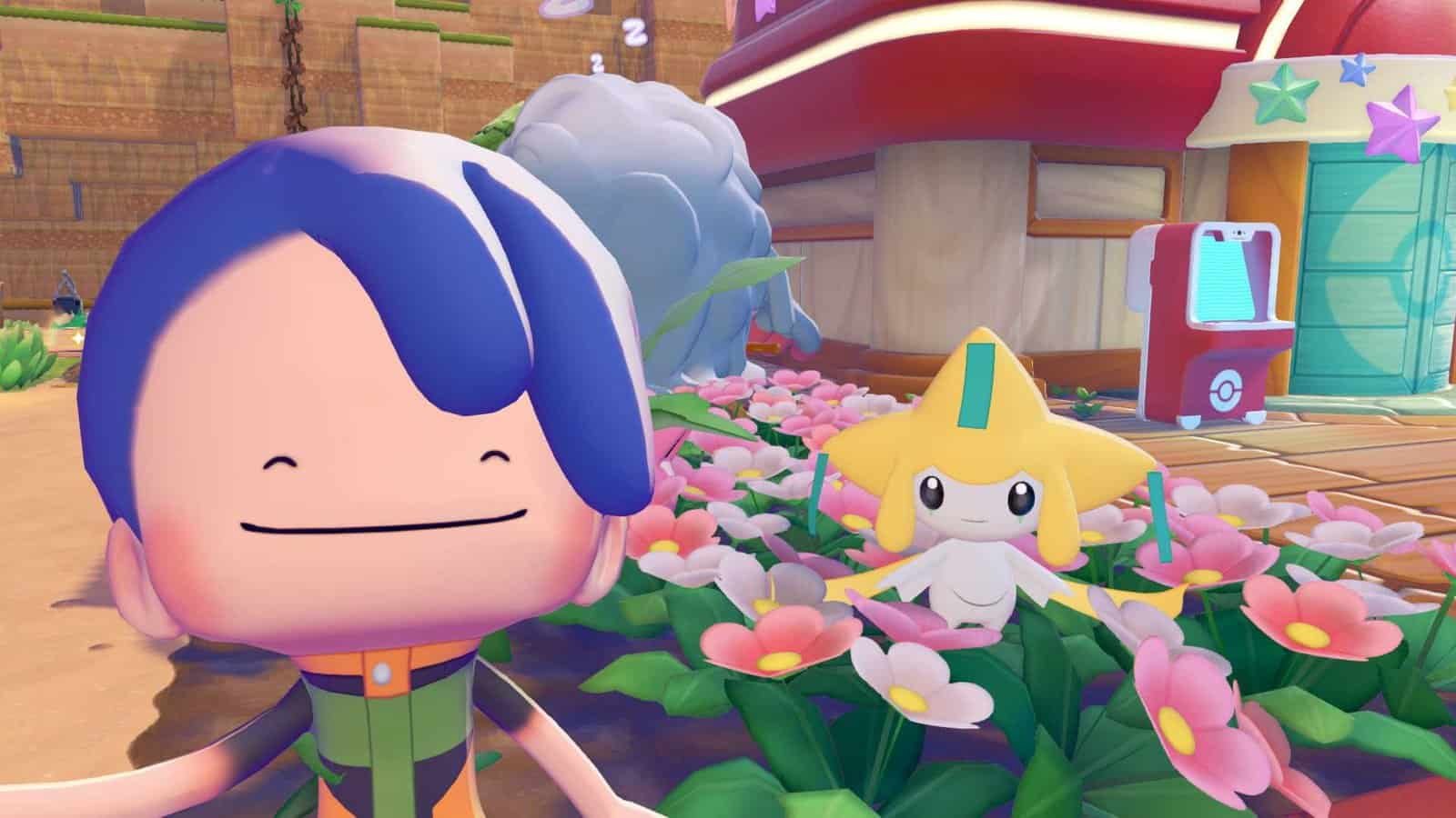 A Ditto posing near Jirachi in Pokopia