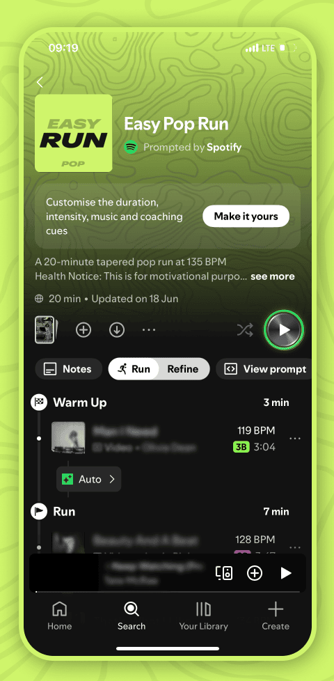 A screenshot showing Spotify's Running Mode on the Spotify iOS app.