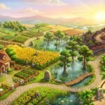 Vibrant farm landscape featuring crop fields, livestock, a swamp, a tropical beach, and an active volcano