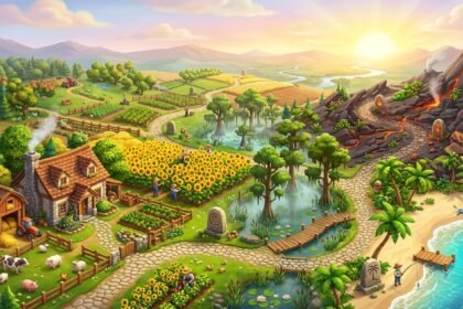Vibrant farm landscape featuring crop fields, livestock, a swamp, a tropical beach, and an active volcano