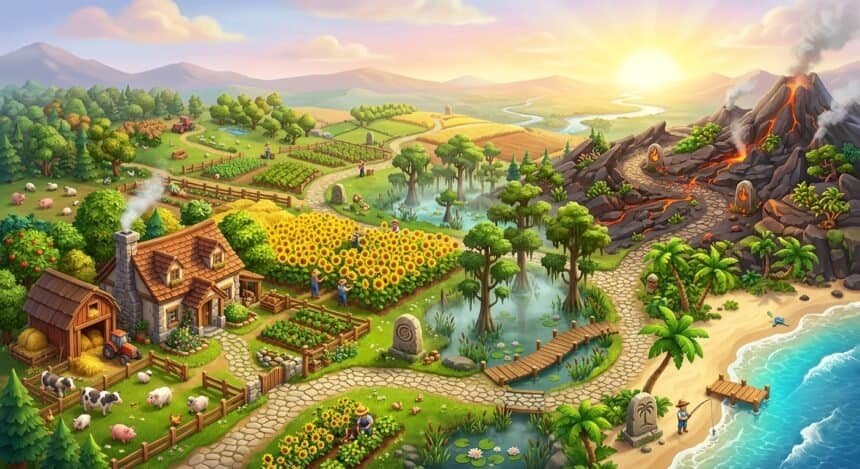Vibrant farm landscape featuring crop fields, livestock, a swamp, a tropical beach, and an active volcano