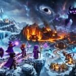 Voxel-style adventurers on a snowy cliff face a giant dark monster in a volcanic landscape under a cosmic sky