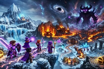 Voxel-style adventurers on a snowy cliff face a giant dark monster in a volcanic landscape under a cosmic sky