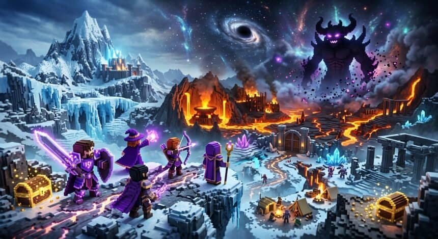 Voxel-style adventurers on a snowy cliff face a giant dark monster in a volcanic landscape under a cosmic sky