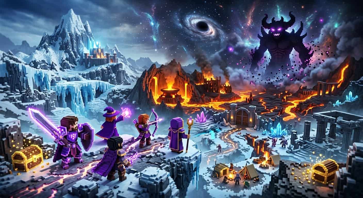 Voxel-style adventurers on a snowy cliff face a giant dark monster in a volcanic landscape under a cosmic sky