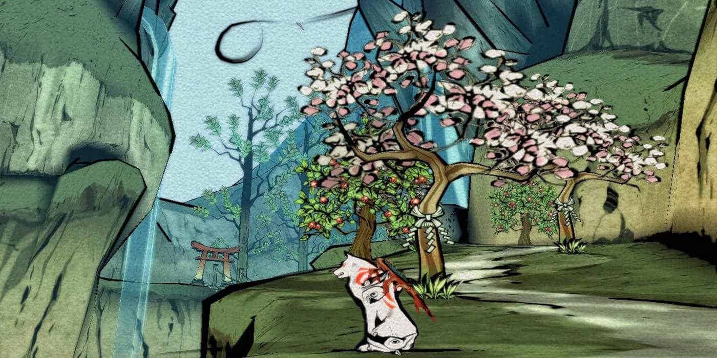 The wolf Amaterasu sits next to a blooming tree in Okami.