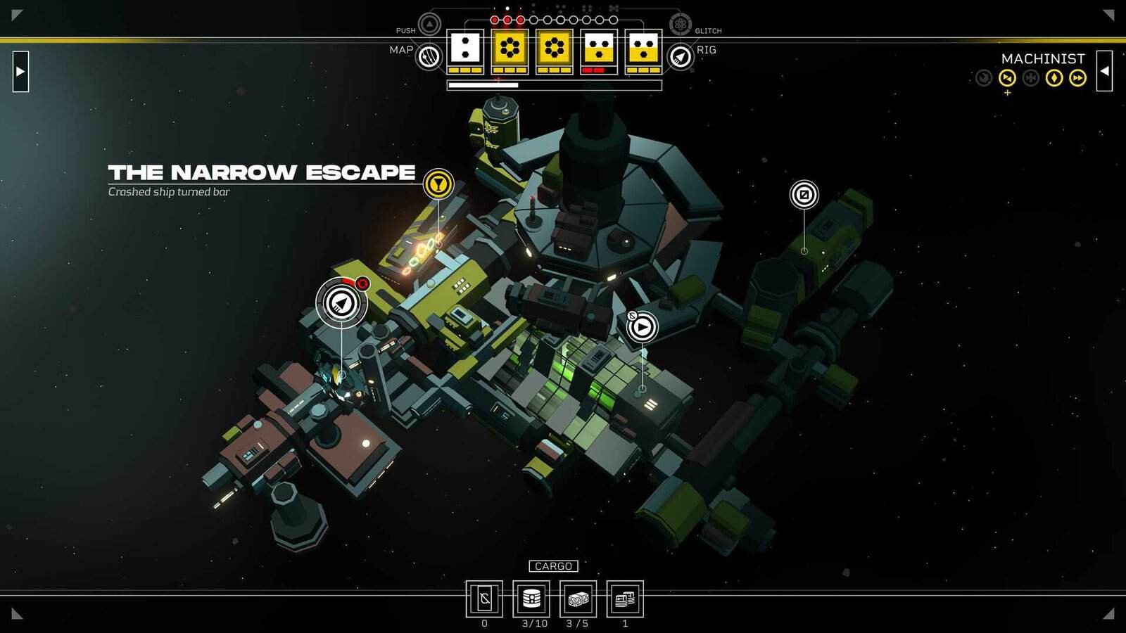 Citizen Sleeper 2 gameplay screenshot showing a space station. A "Crashed ship turned bar" called The Narrow Escape is highlighted.