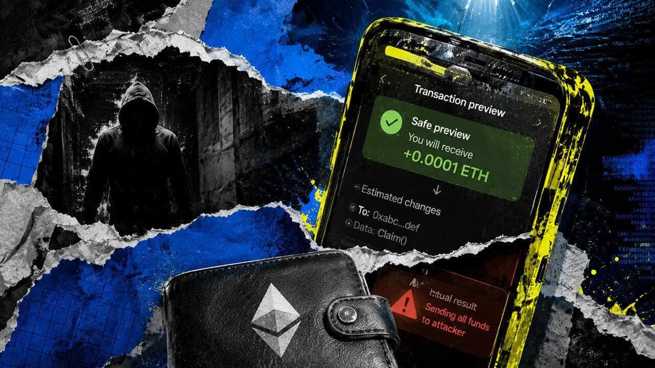 Phone shows a safe ETH preview while a hidden attacker and torn red warning reveal that all wallet funds will be drained.