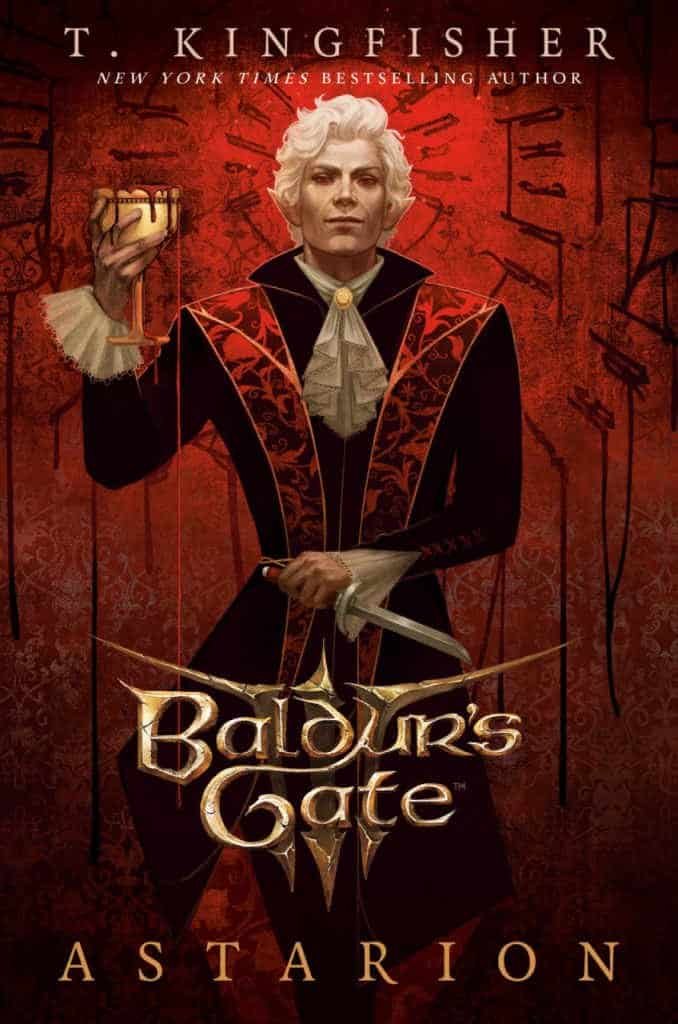 Cover art for Random House Worlds' upcoming novel Astarion decpicts a slender, white haired man holding a dagger in his left hand and hoisting a goblet of blood in the right.