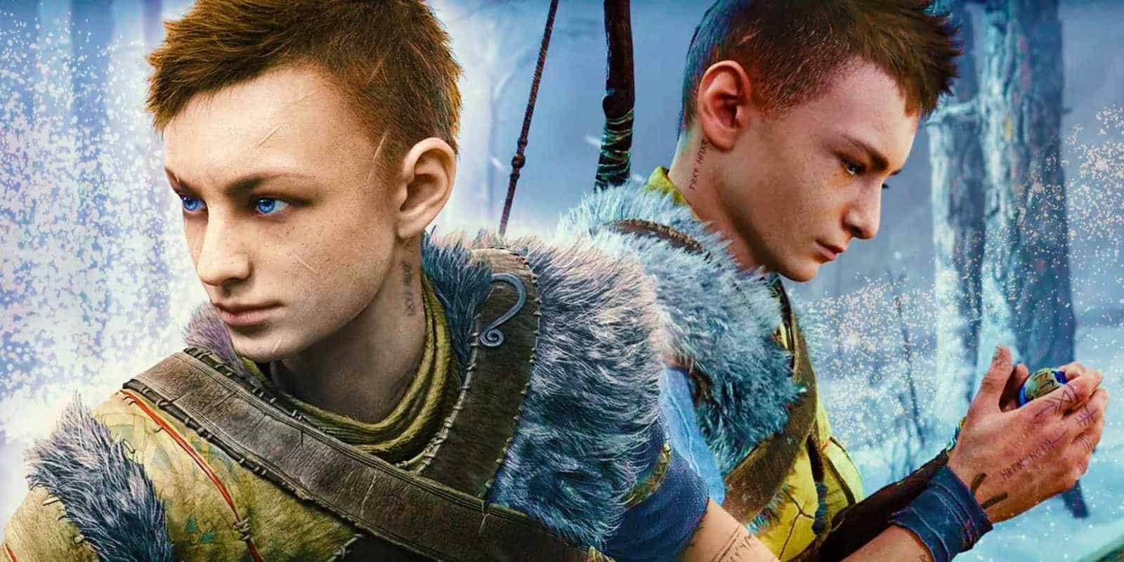 Atreus from God of War Ragnarok in snowy forest.
