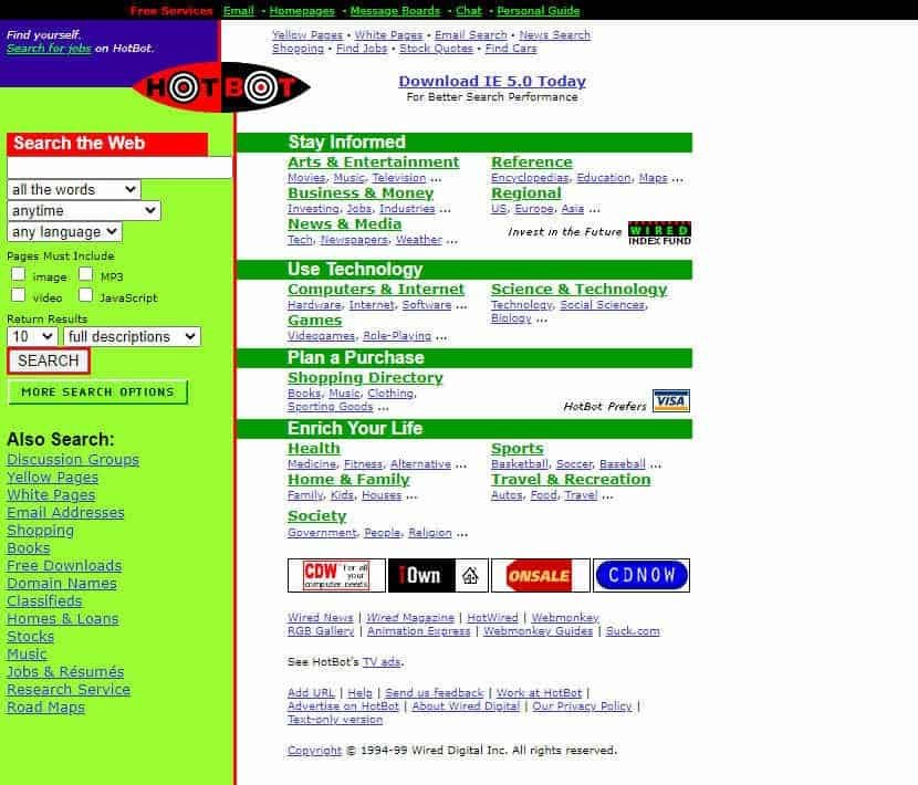 A mostly green old-fashioned website with left-hand navigation