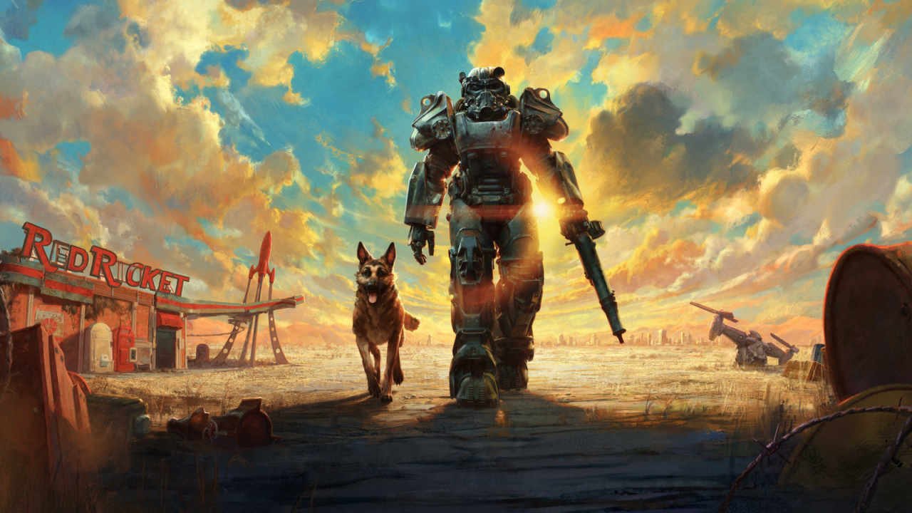 Fallout 4 lead and Dogmeat outside Red Rocket gas station