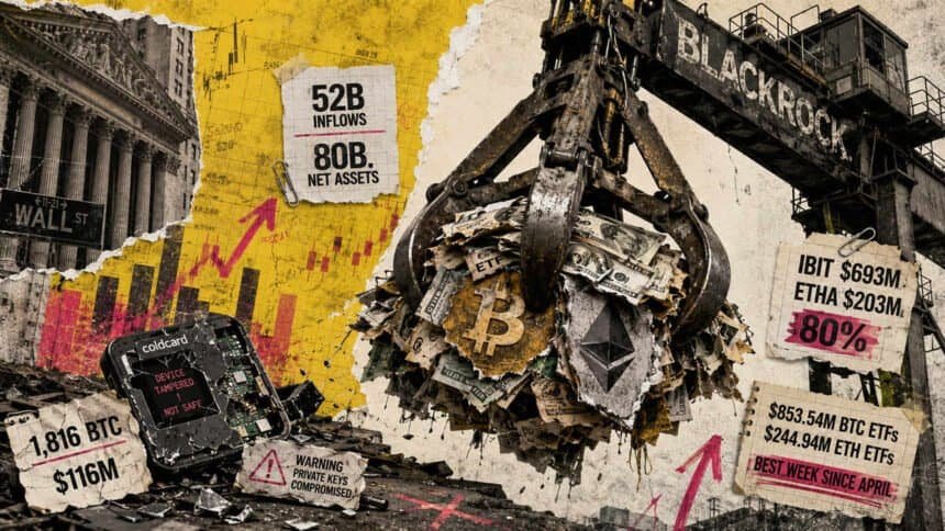 Bitcoin and Ethereum ETFs top $1B in their best week since April, and BlackRock took 80% of it