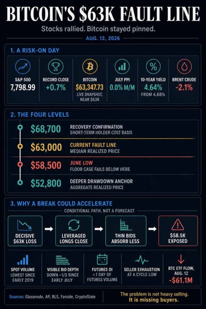 Infographic comparing the S&P 500 record close with Bitcoin near $63,000 and mapping $68,700, $63,000, $58,500 and $52,800 levels with liquidity risks.