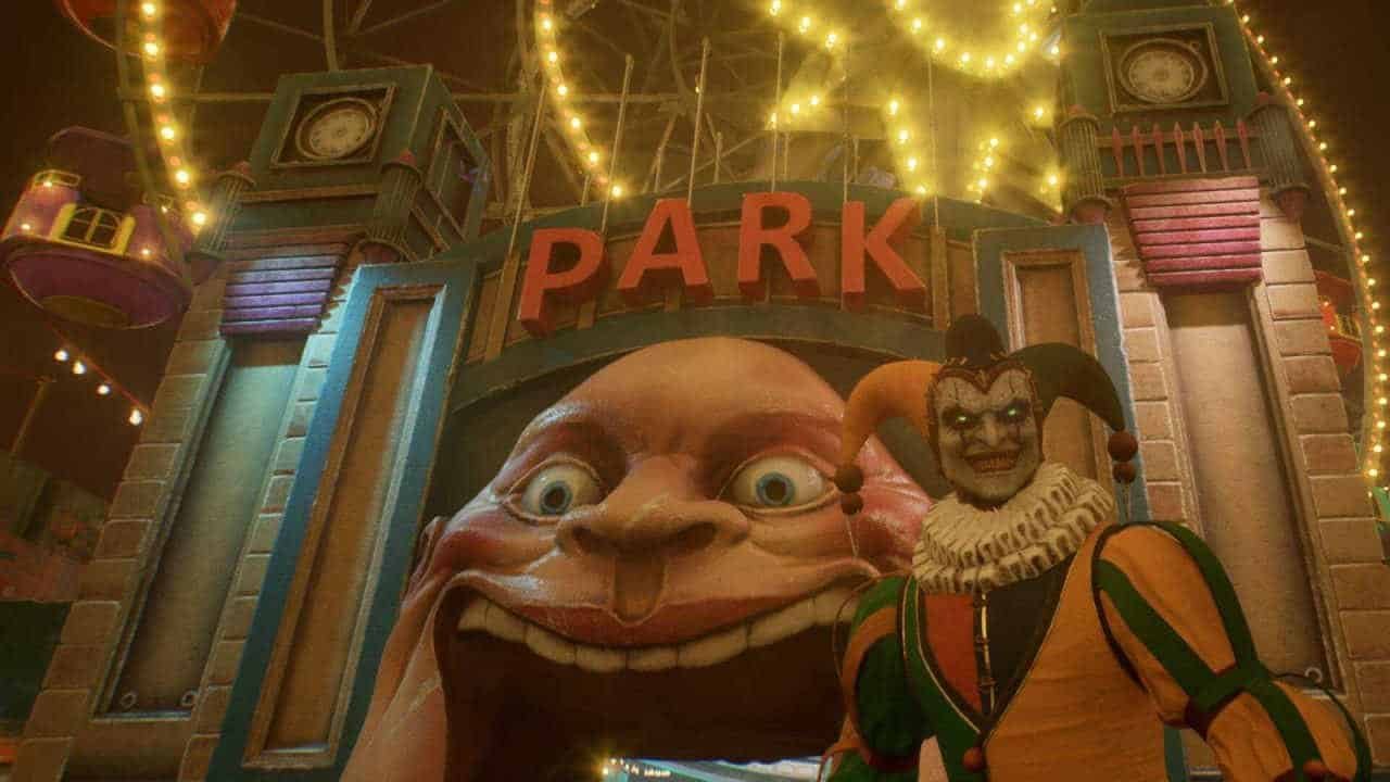 A Clown figure standing outside of a creepy theme park in Nightborn.