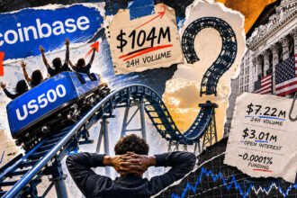 Mixed-media collage turns US500 into a rollercoaster racing from a $104M launch spike toward an uncertain loop of future demand.