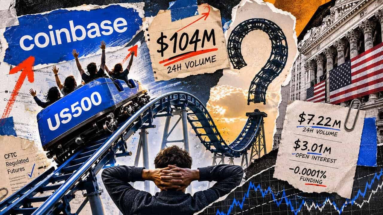Mixed-media collage turns US500 into a rollercoaster racing from a $104M launch spike toward an uncertain loop of future demand.