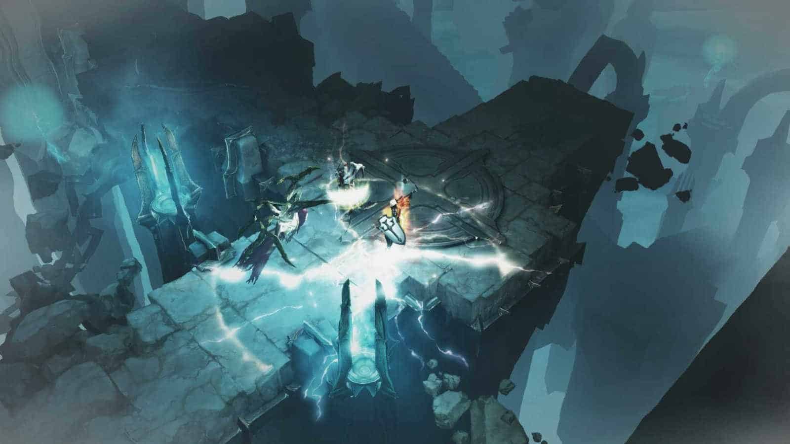 A Crusader unleashes a big attack in a crumbling fantasy temple