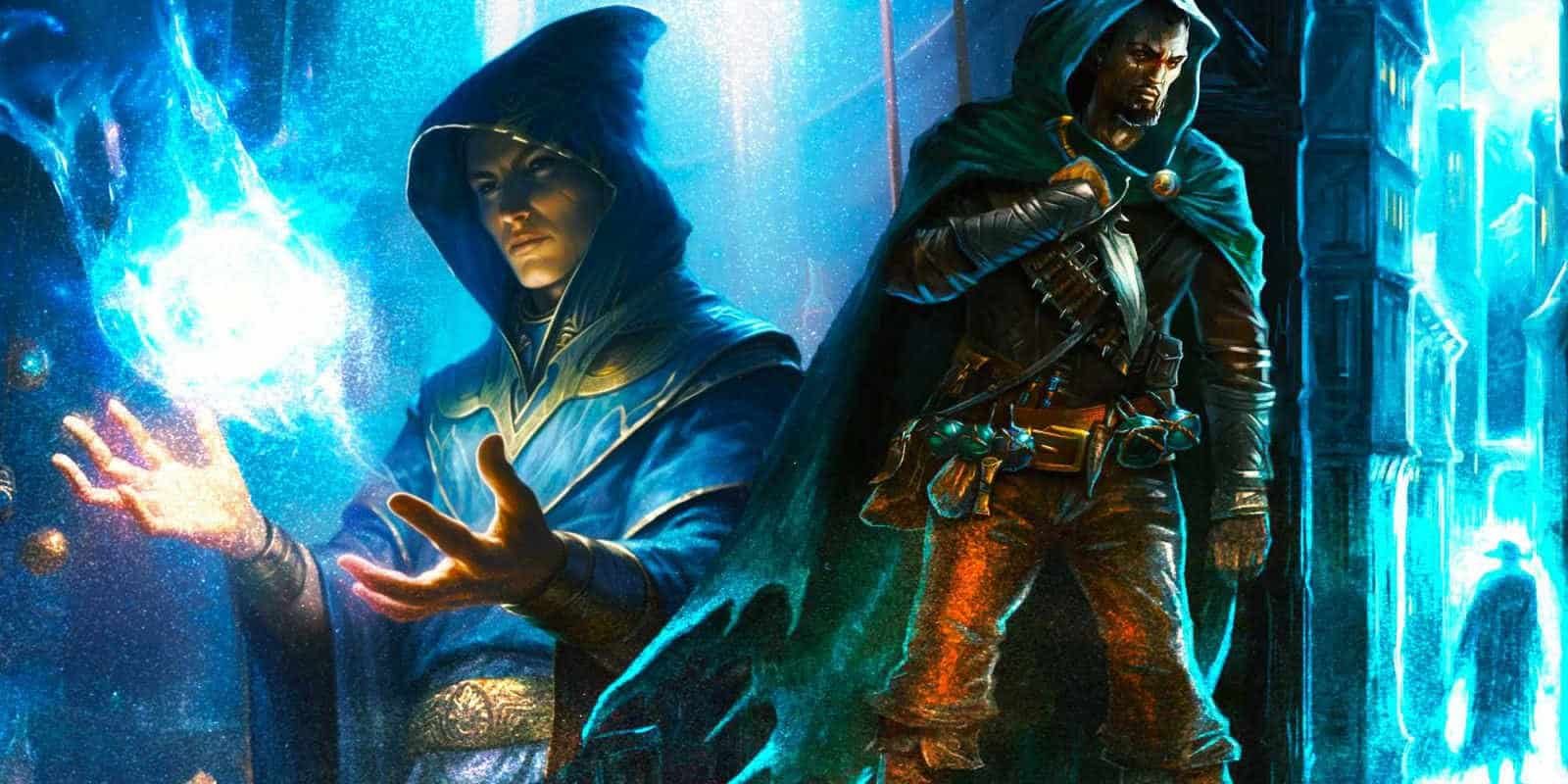 A wizard wearing a blue robe and casting a spell that summons a blue light between their hands, and a hooded rogue standing around a corner clutching a dagger in official art from Dungeons & Dragons.