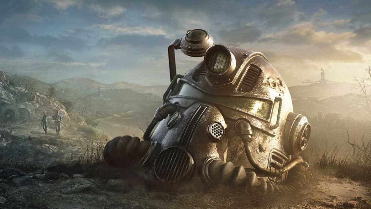 Fallout 76 art with a power armor helmet on the ground