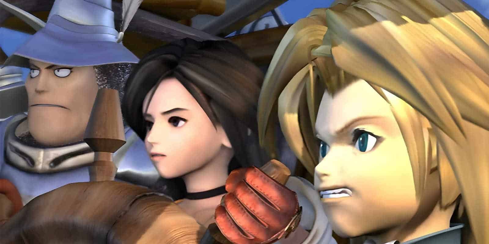 Steiner, Dagger, and Zidane making determined faces as Dagger grips the wheel of the airship in a cutscene from Final Fantasy 9.