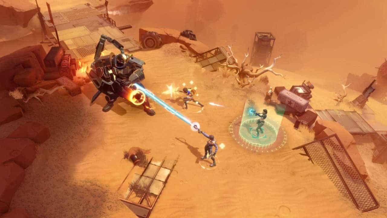 Characters shooting at a giant robot in Foundation: Galactic Frontier.