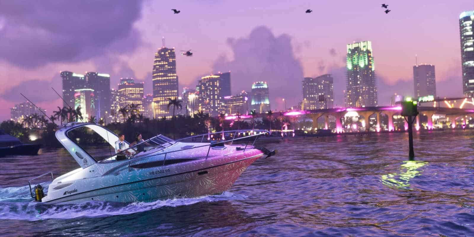 Jason and Lucia control a boat in Vice City in GTA 6.
