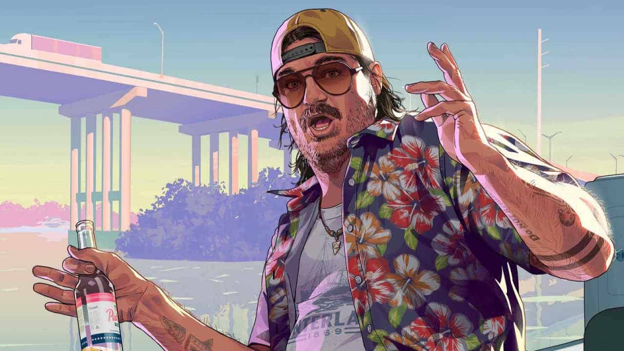 A character from GTA 6 sitting on a boat, holding his hands out in surprise with a beer bottle in his right hand