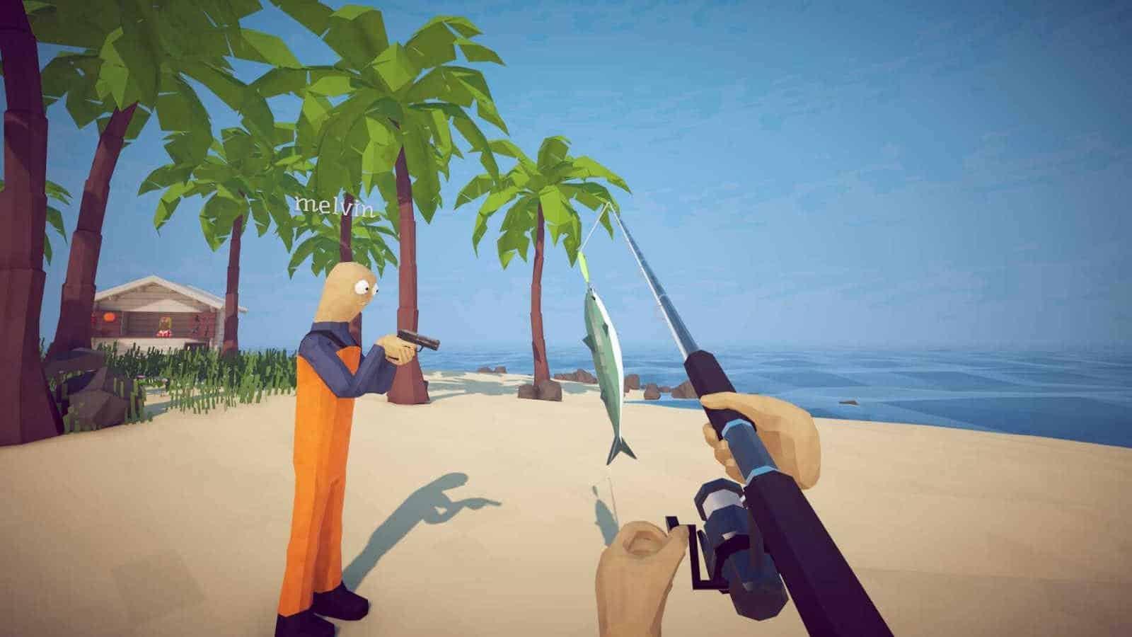 The player holding a fishing rod next to another player holding a gun in How to Fish.
