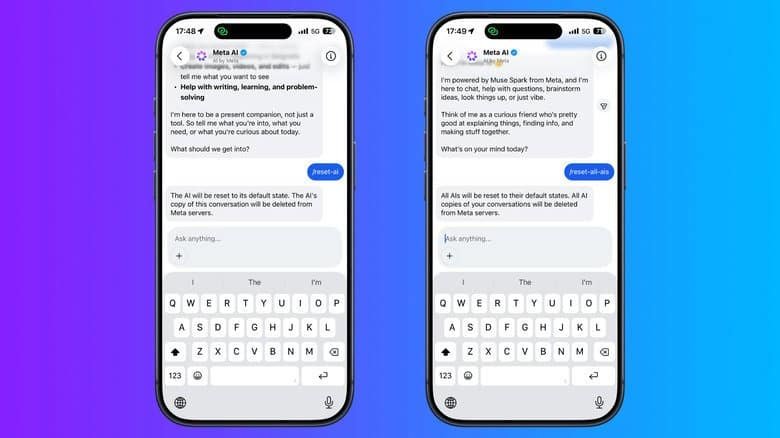 Two Instagram Meta AI chats show the /reset-ai command deleting one AI conversation and /reset-all-ais deleting all saved AI conversations.