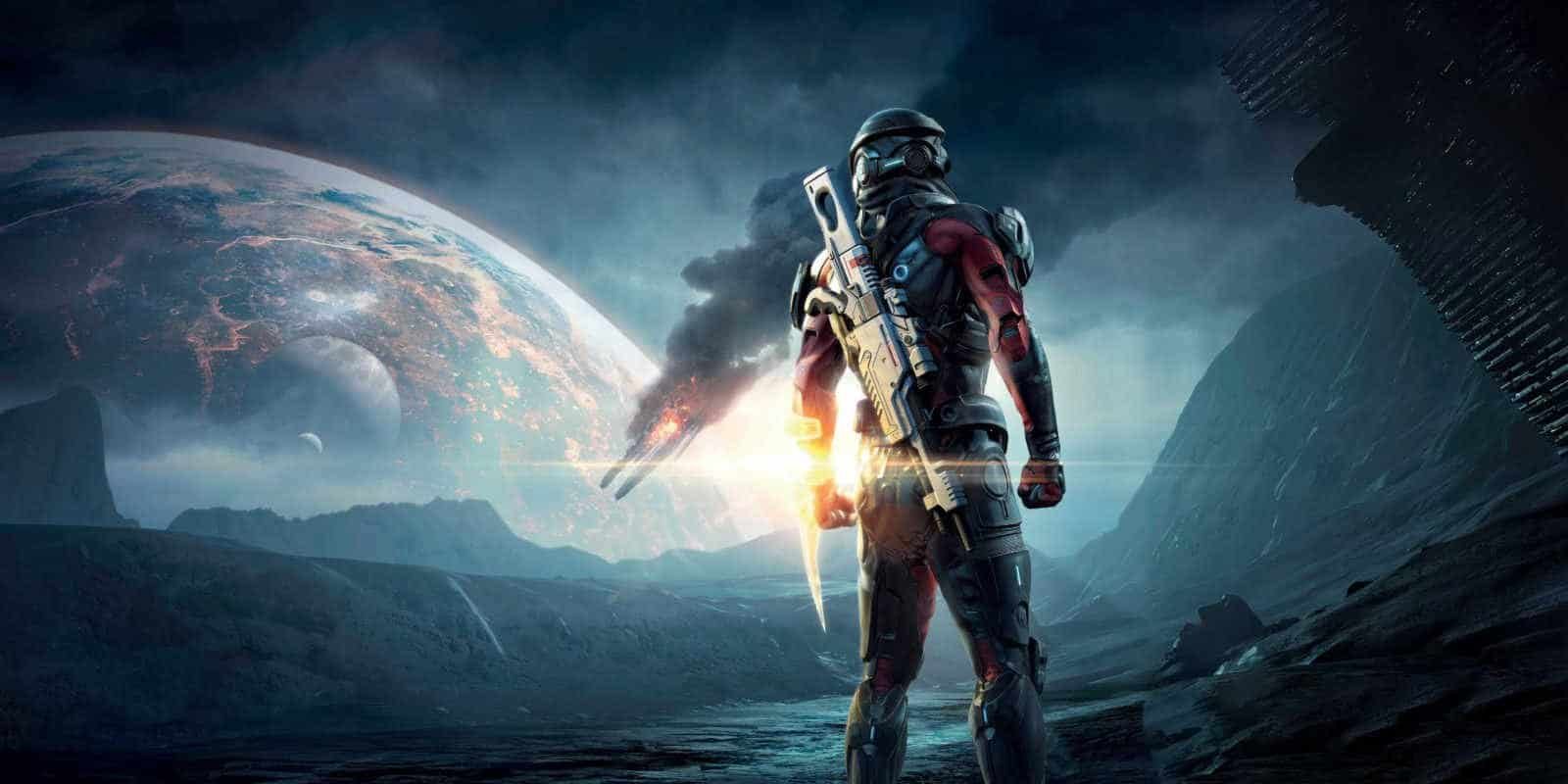 The back of Mass Effect Andromeda's Ryder, looking at a ship crashing.