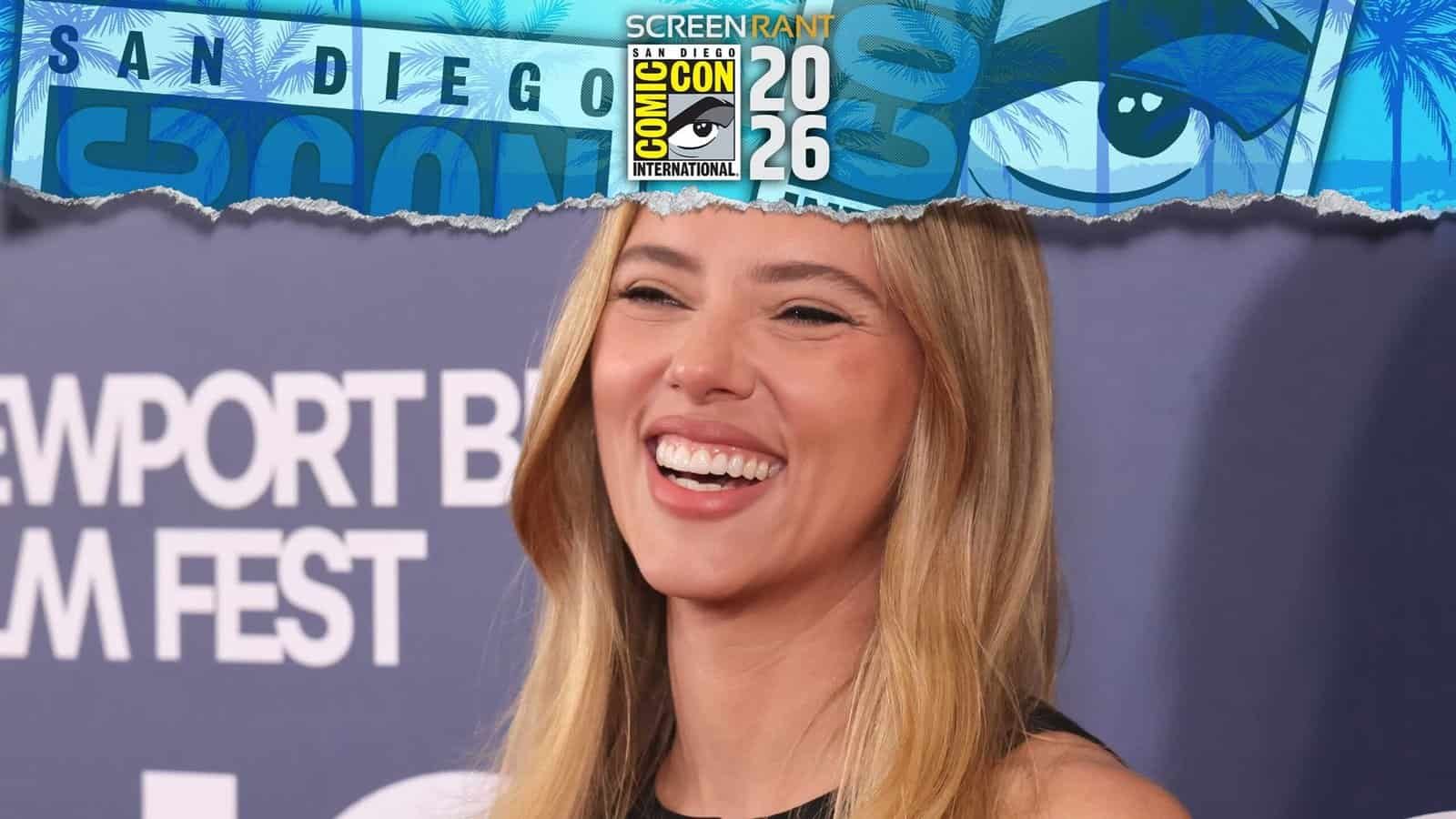 Scarlett Johansson smiling on red carpet SDCC