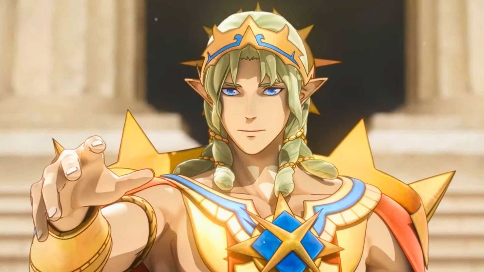 An image from Fire Emblem Fortune's Weave. It shows the Divine Sovereign in regalia and raising a hand.
