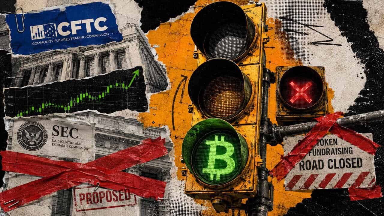 NoOnes goes withdrawal-only after EU sanctions, users told to pull funds now A green Bitcoin traffic signal shows regulated perpetual trading moving ahead as SEC token fundraising remains blocked.