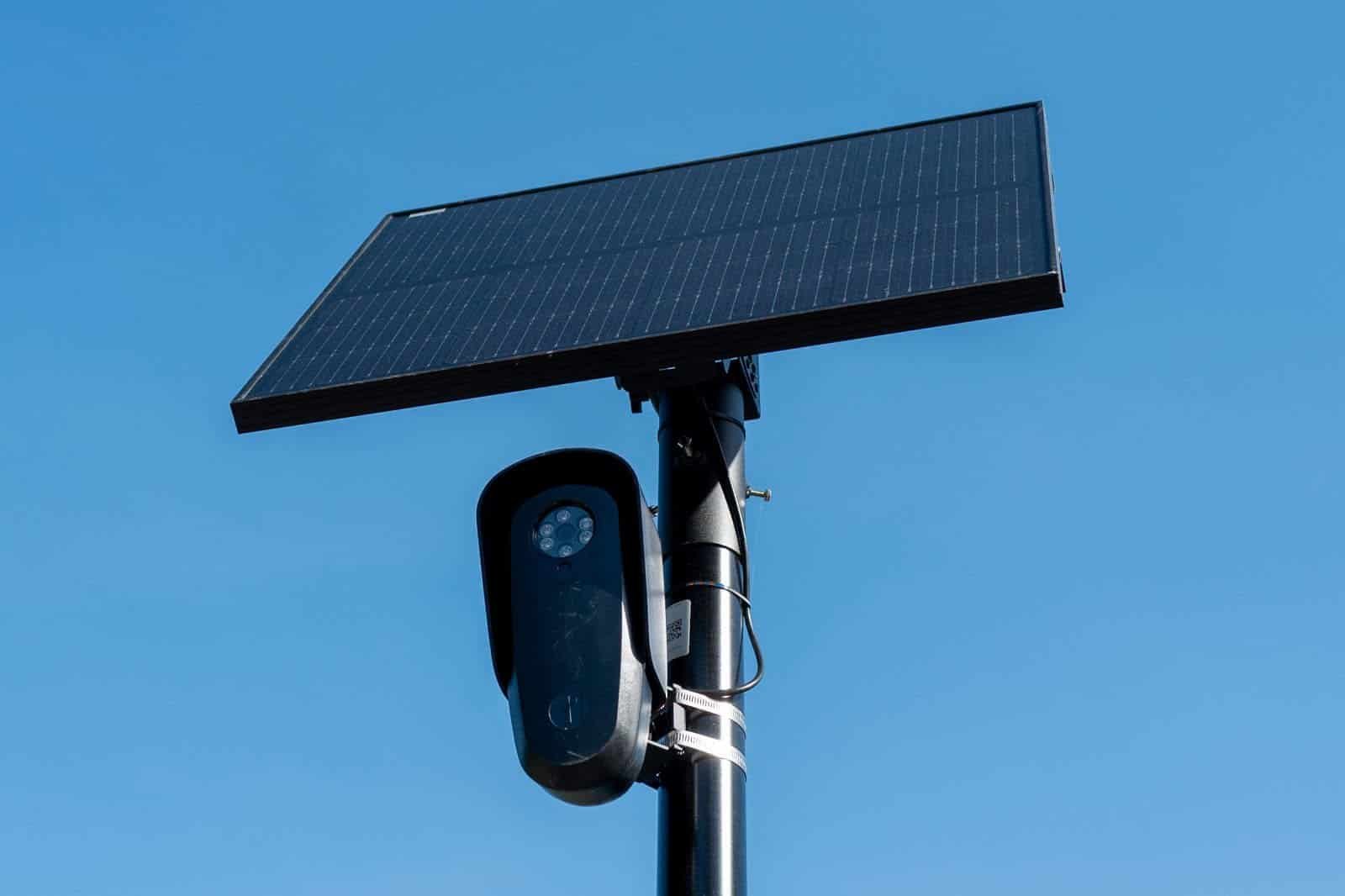 Flock license plate reader and camera with solar panel against a blue sky, Pleasant Hill, California, April 16, 2026.