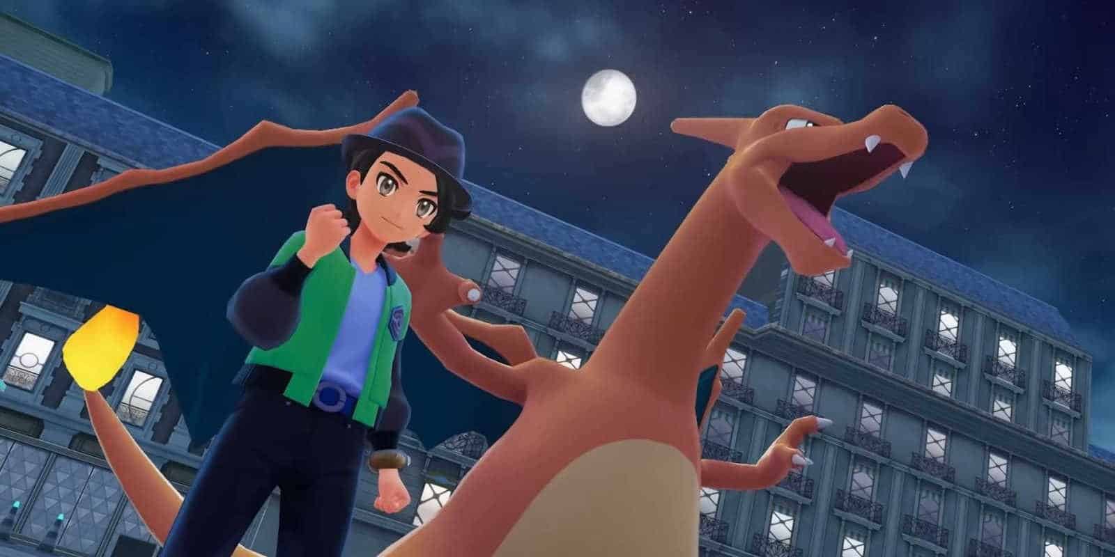 An Alpha Charizard roars next to its Trainer in Pokemon Legends Z-A.