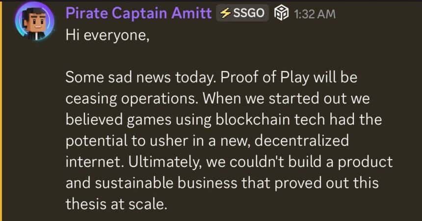 Pirate Nation studio Proof of Play is ceasing operations, post says