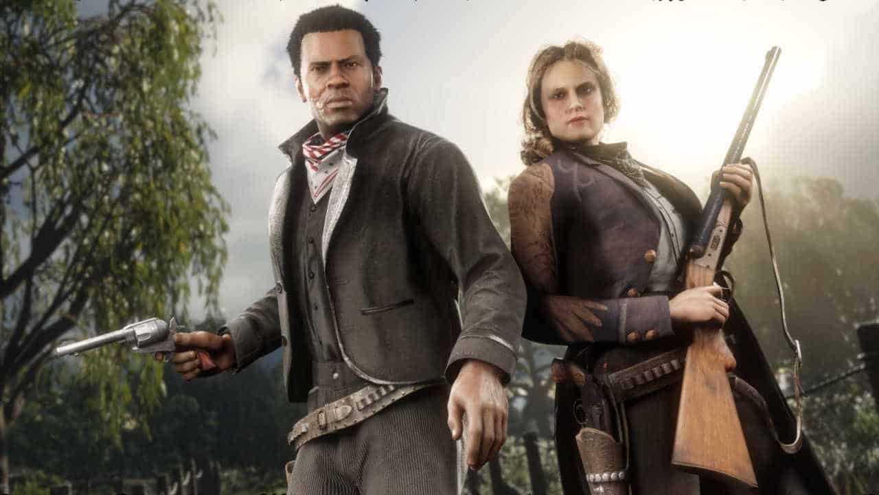 Image shows two outlaws in Red Dead Online