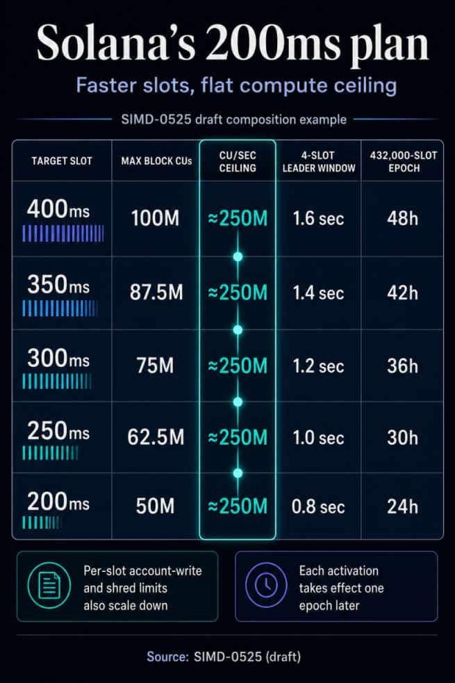 Infographic showing SIMD-0525 slot targets from 400ms to 200ms, declining per-slot CU limits, leader windows and epoch durations, while the theoretical ceiling remains about 250 million CUs per second.