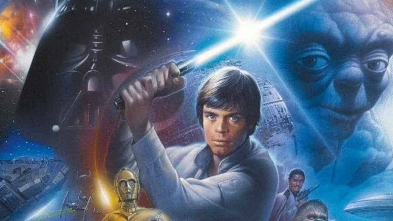 Star Wars' Luke Skywalker stands with his lightsaber above his head, the Death Star, Darth Vader, and Yoda looming behind him.