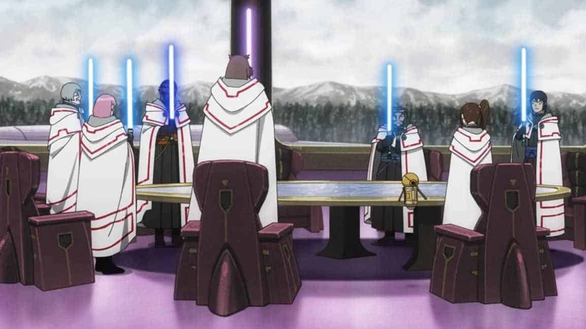 The new Jedi Council raising their lightsabers around a table at the end of The Ninth Jedi episode 8