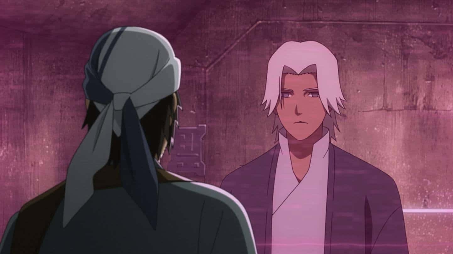 Lah Zhima standing in front of Nawaam, who is behind a red laser gate, in The Ninth Jedi's ending