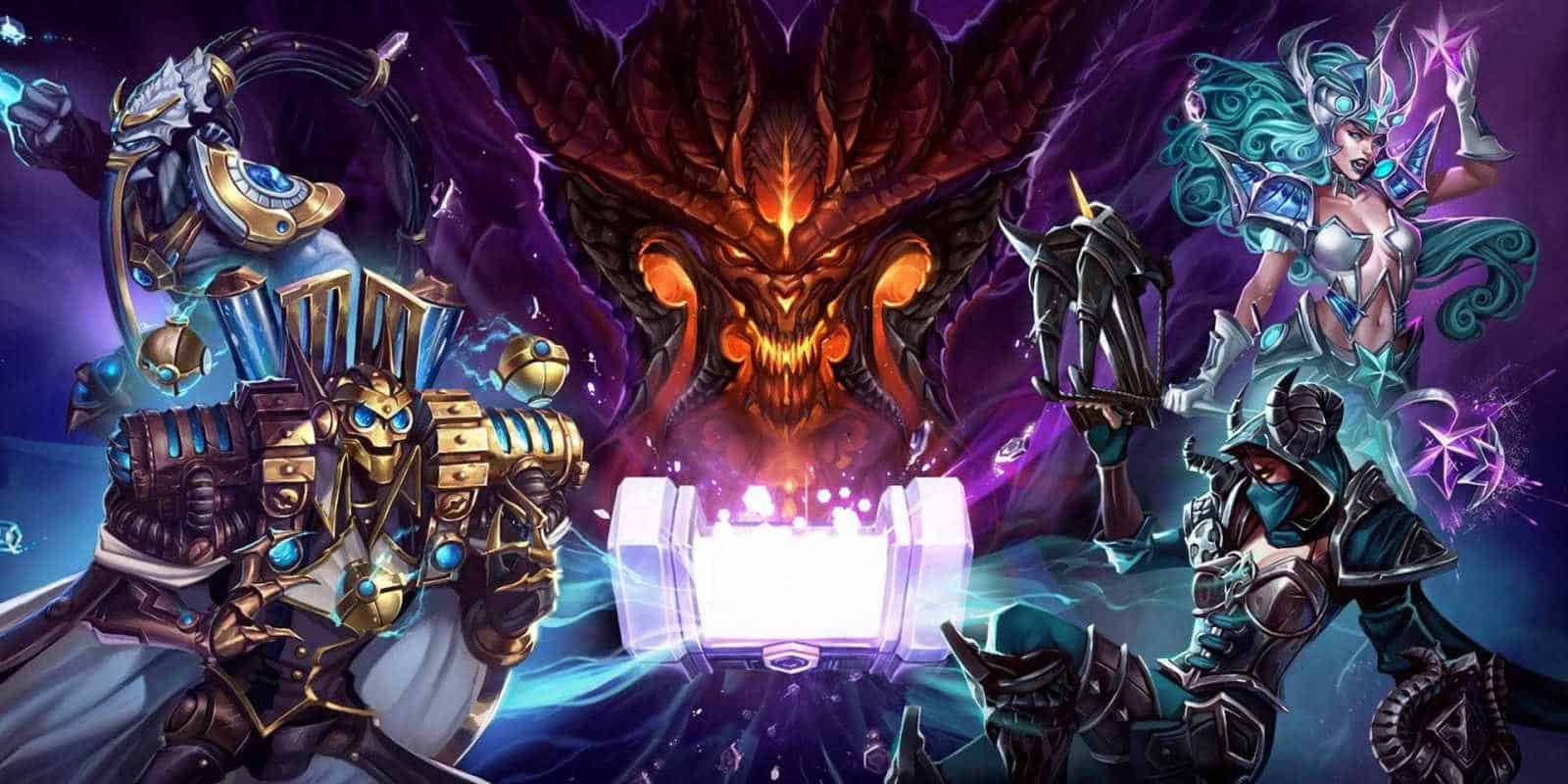 Multiple characters from Heroes of the Storm surround a glowing chest