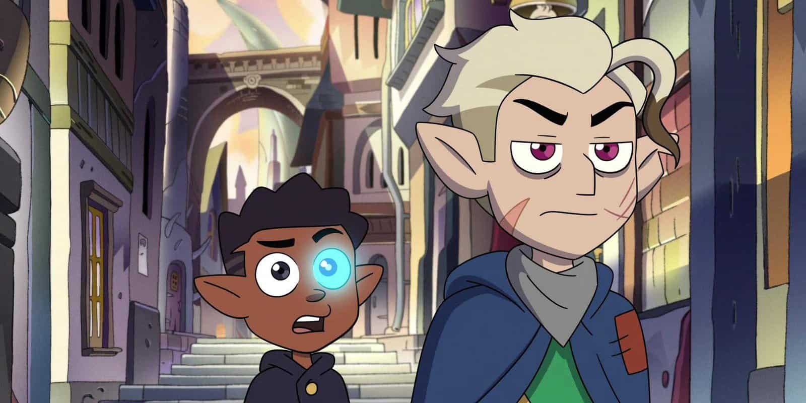 Gus with a glowing eye talking to Hunter in The Owl House
